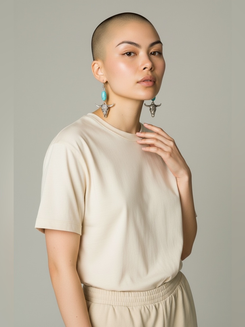 Western Style Turquoise and Silver Bull Skull Boho Style Drop Earrings